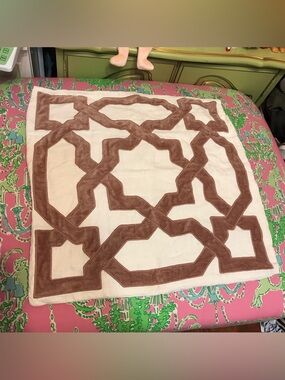 Frontgate Geometric trellis velvet linen Appliqué Throw Pillow Cover Cream pink